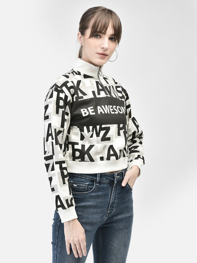 Black Printed Cropped Sweatshirt-Women Sweatshirts-Crimsoune Club