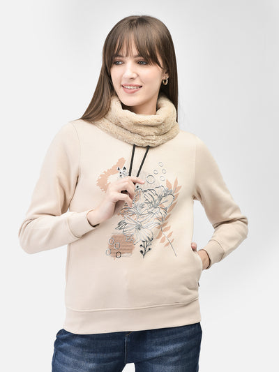 Beige Printed Sweatshirt-Women Sweatshirts-Crimsoune Club