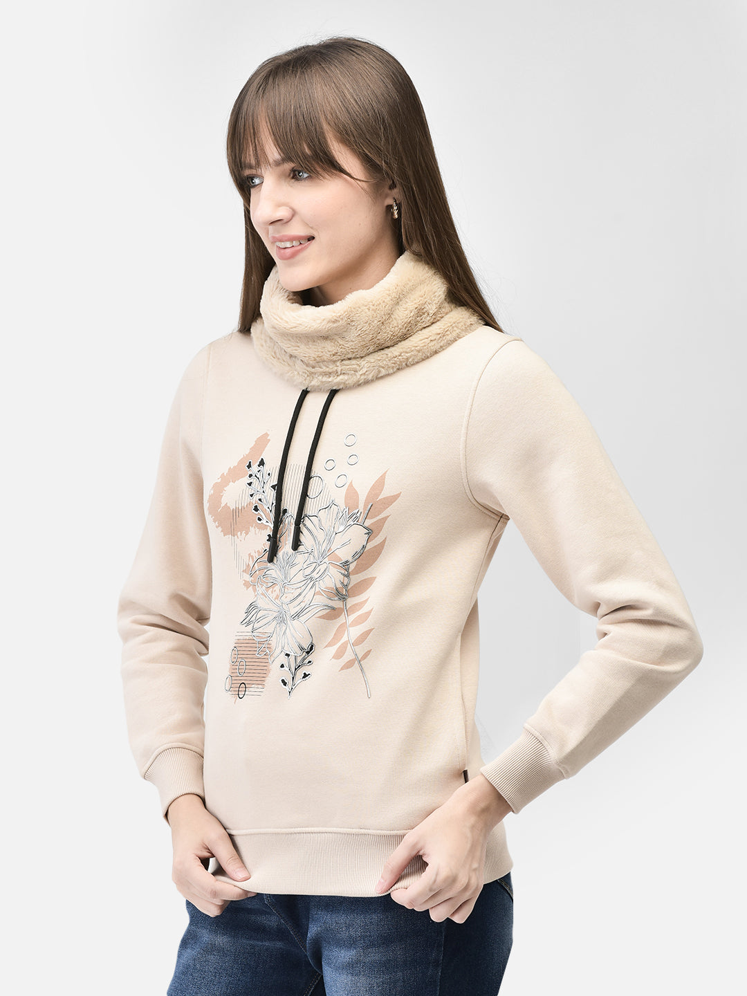 Beige Printed Sweatshirt-Women Sweatshirts-Crimsoune Club