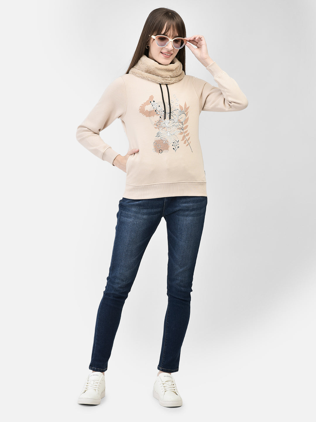 Beige Printed Sweatshirt-Women Sweatshirts-Crimsoune Club