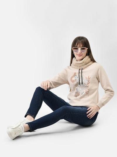 Beige Printed Sweatshirt-Women Sweatshirts-Crimsoune Club