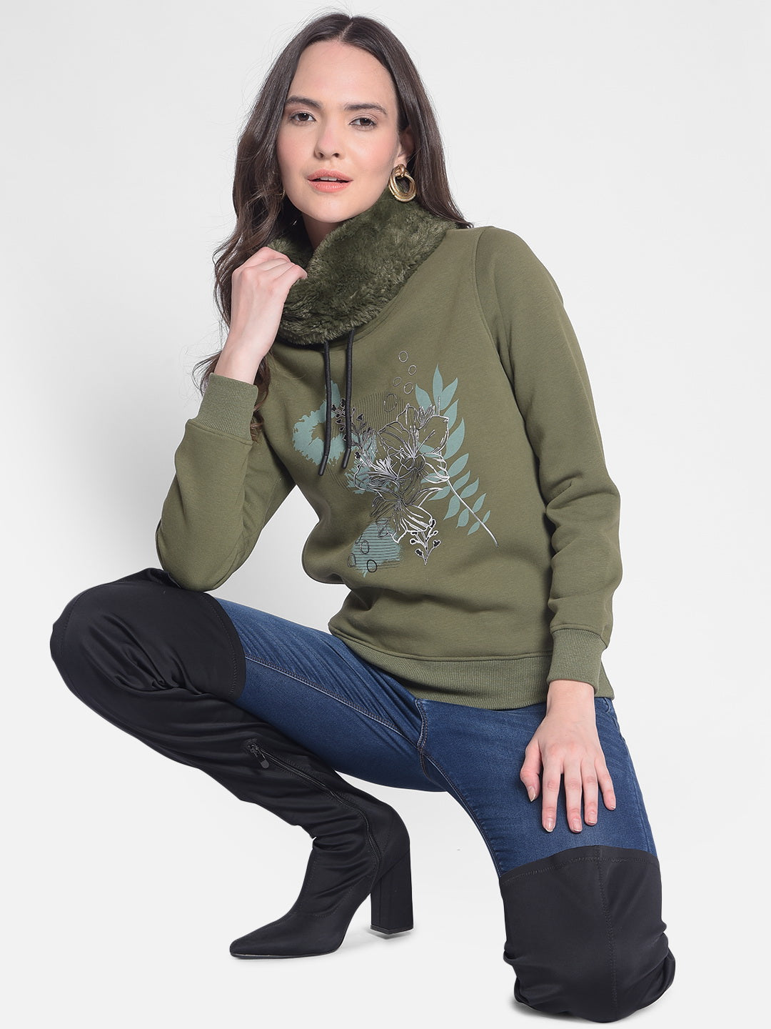 Olive Printed Sweatshirt-Women Sweatshirts-Crimsoune Club