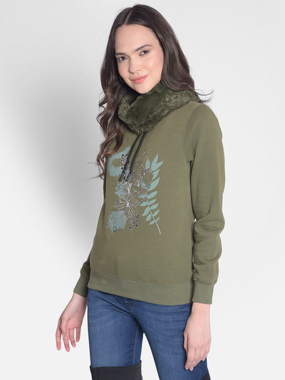 Olive Printed Sweatshirt-Women Sweatshirts-Crimsoune Club