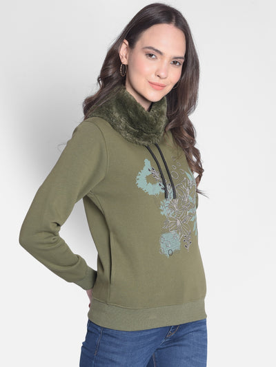 Olive Printed Sweatshirt-Women Sweatshirts-Crimsoune Club