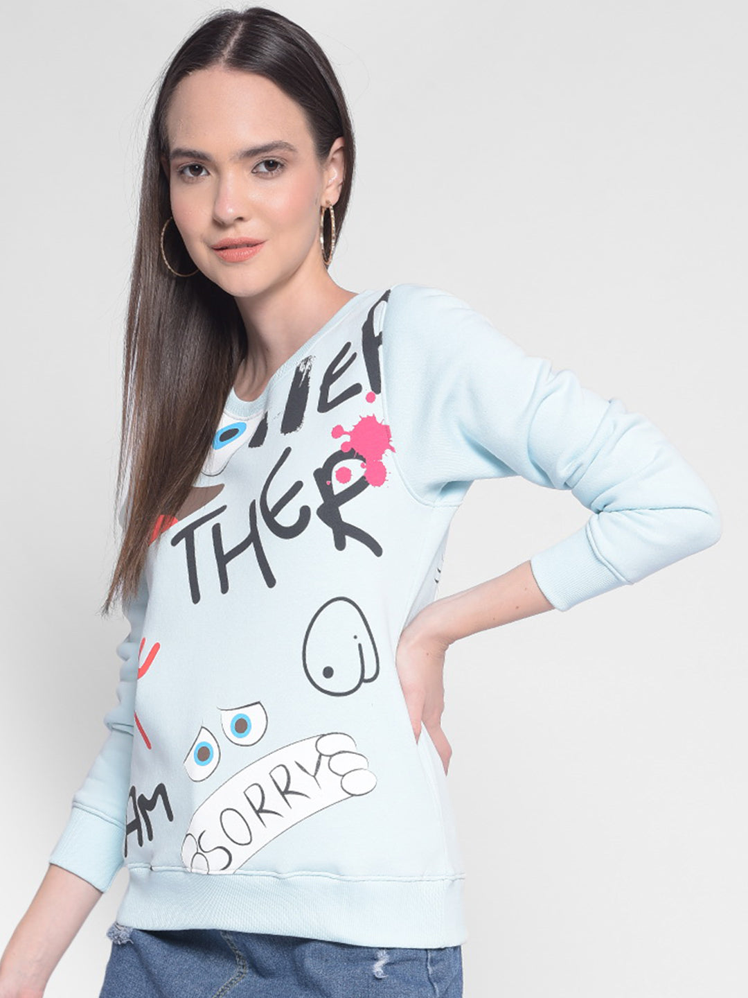 Blue Printed Sweatshirt-Women Sweatshirts-Crimsoune Club