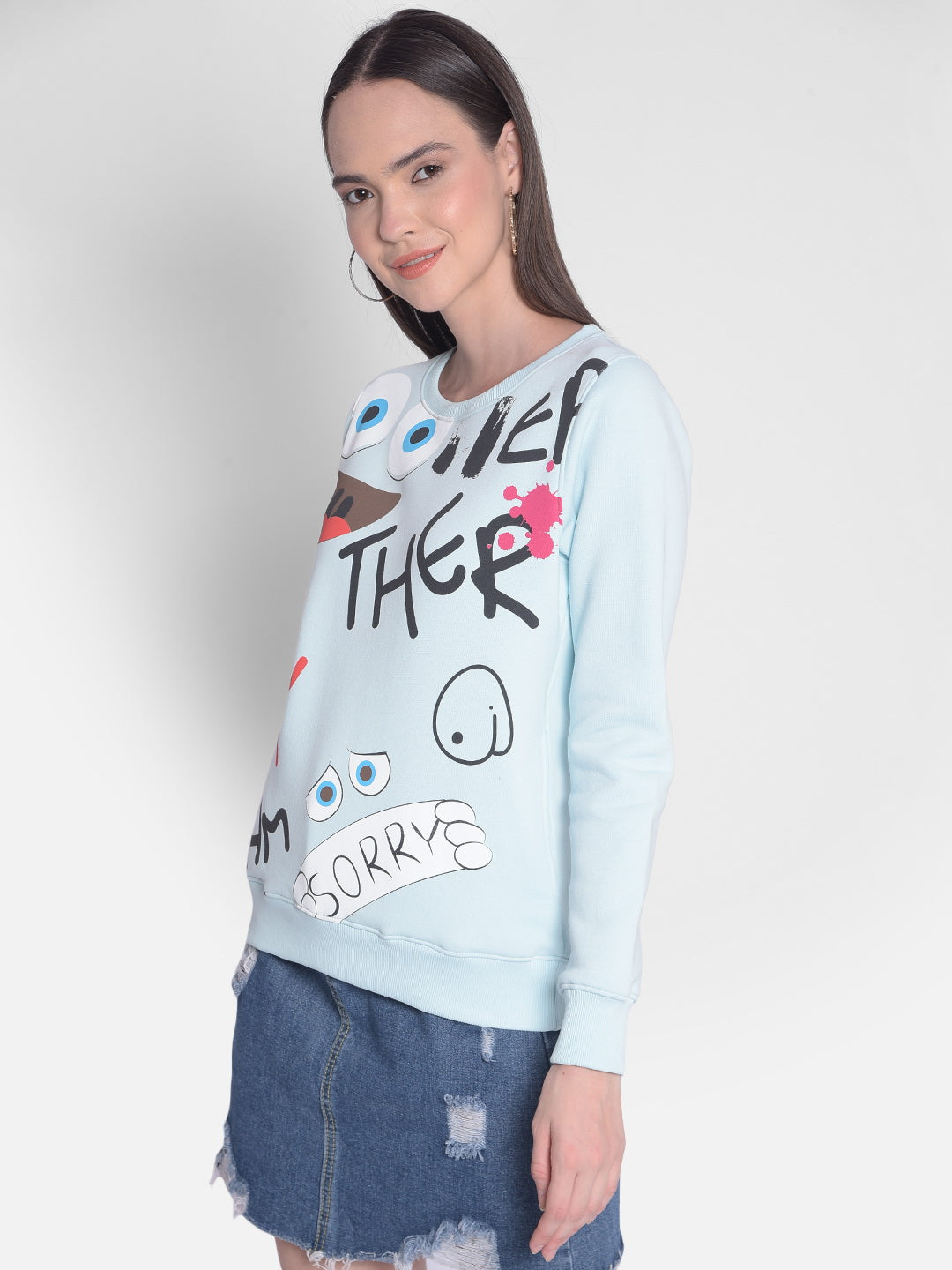 Blue Printed Sweatshirt-Women Sweatshirts-Crimsoune Club