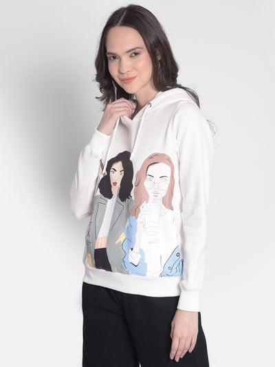 Off White Printed Sweatshirt With Hood-Women Sweatshirts-Crimsoune Club