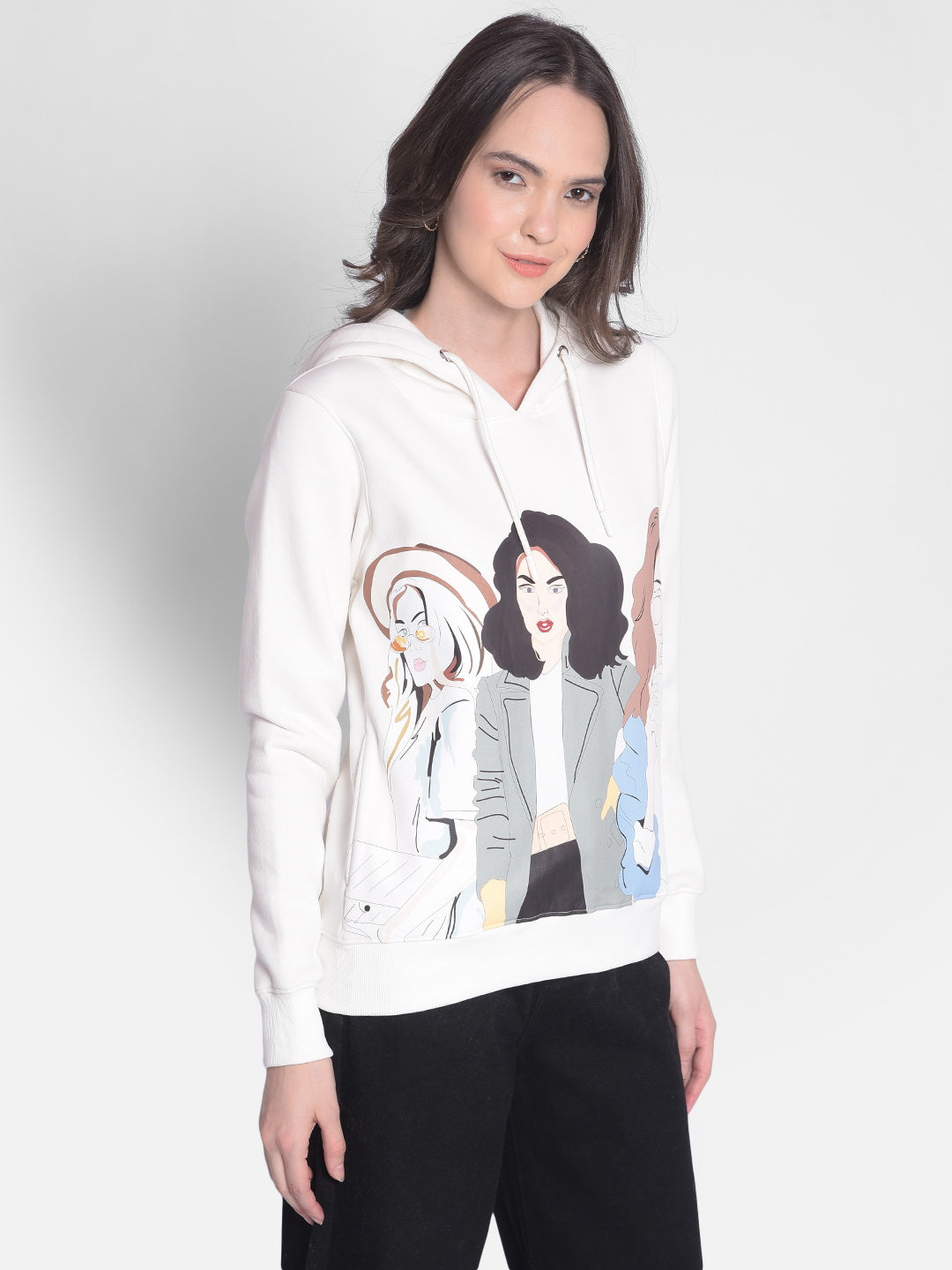 Off White Printed Sweatshirt With Hood-Women Sweatshirts-Crimsoune Club