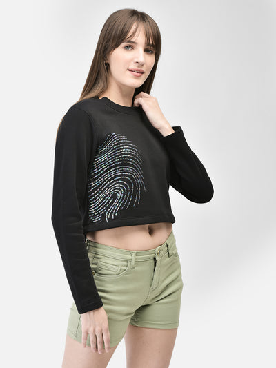 Black Crop Length Sweatshirt-Women Sweatshirts-Crimsoune Club