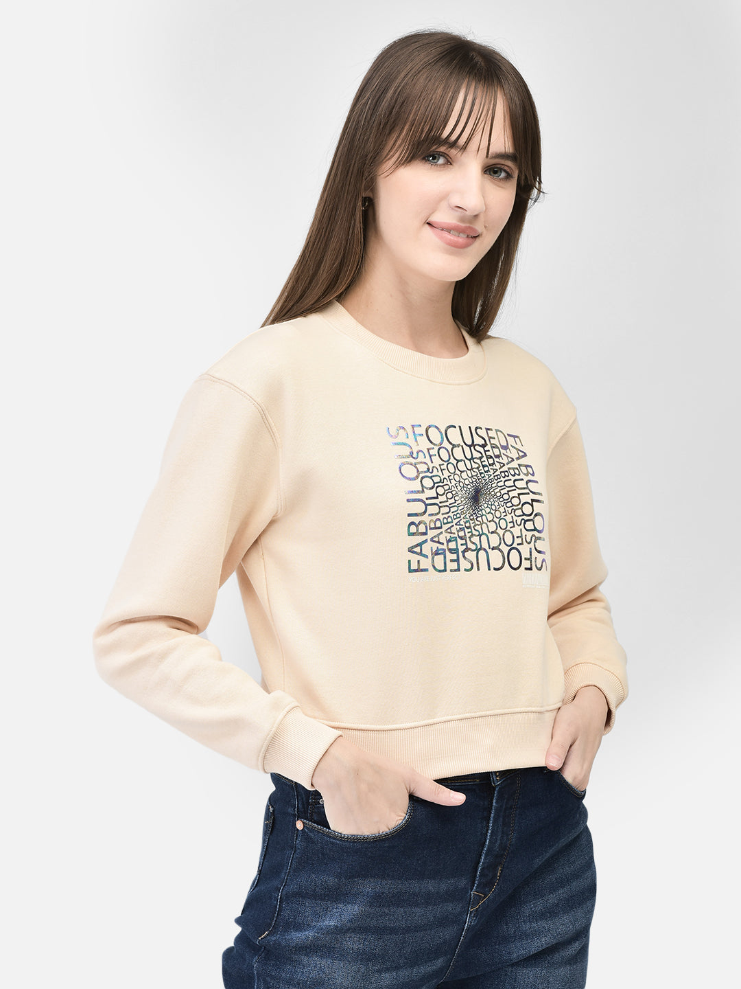 Peach Printed Crop Length Sweatshirt-Women Sweatshirts-Crimsoune Club