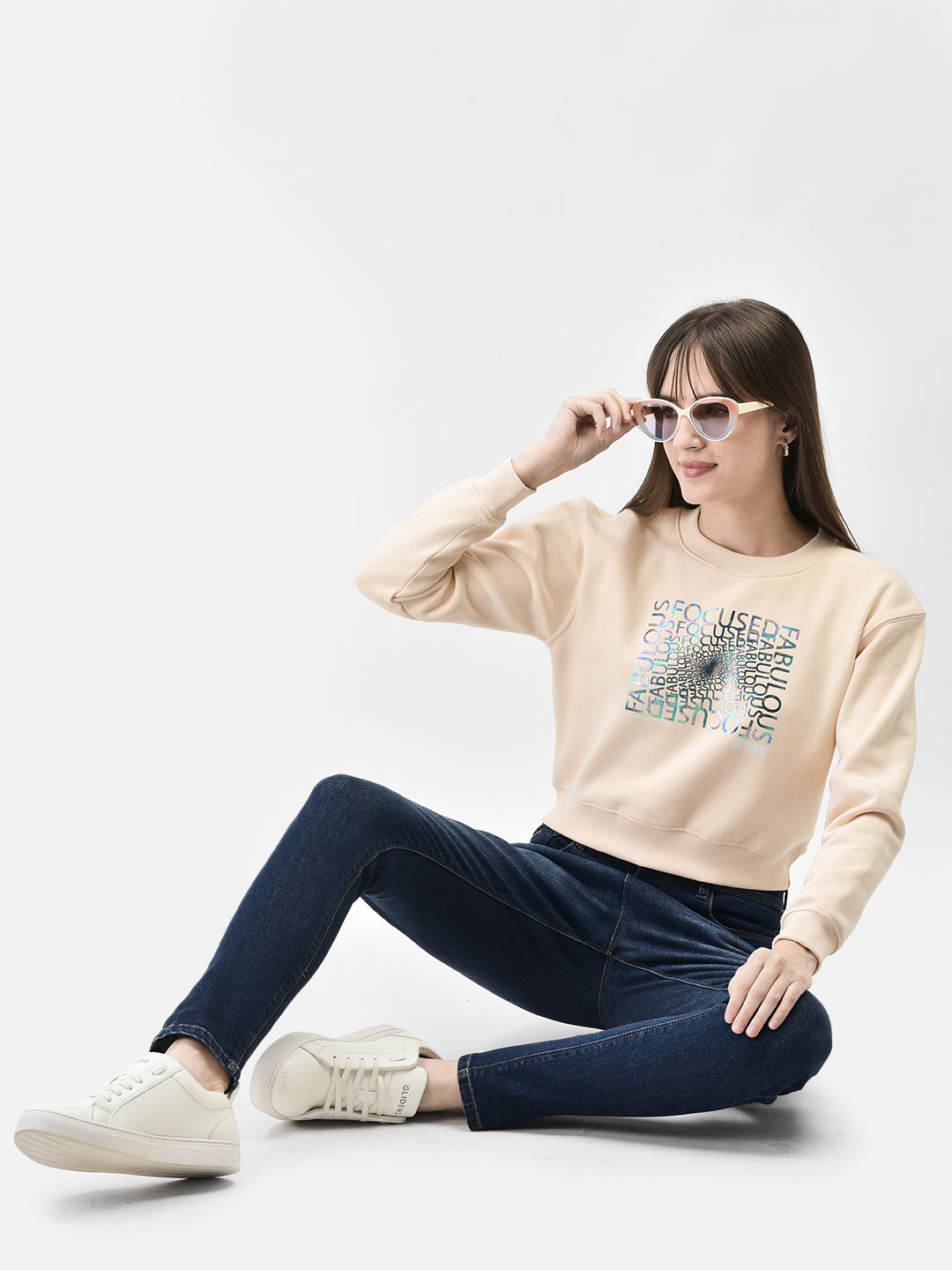 Peach Printed Crop Length Sweatshirt-Women Sweatshirts-Crimsoune Club