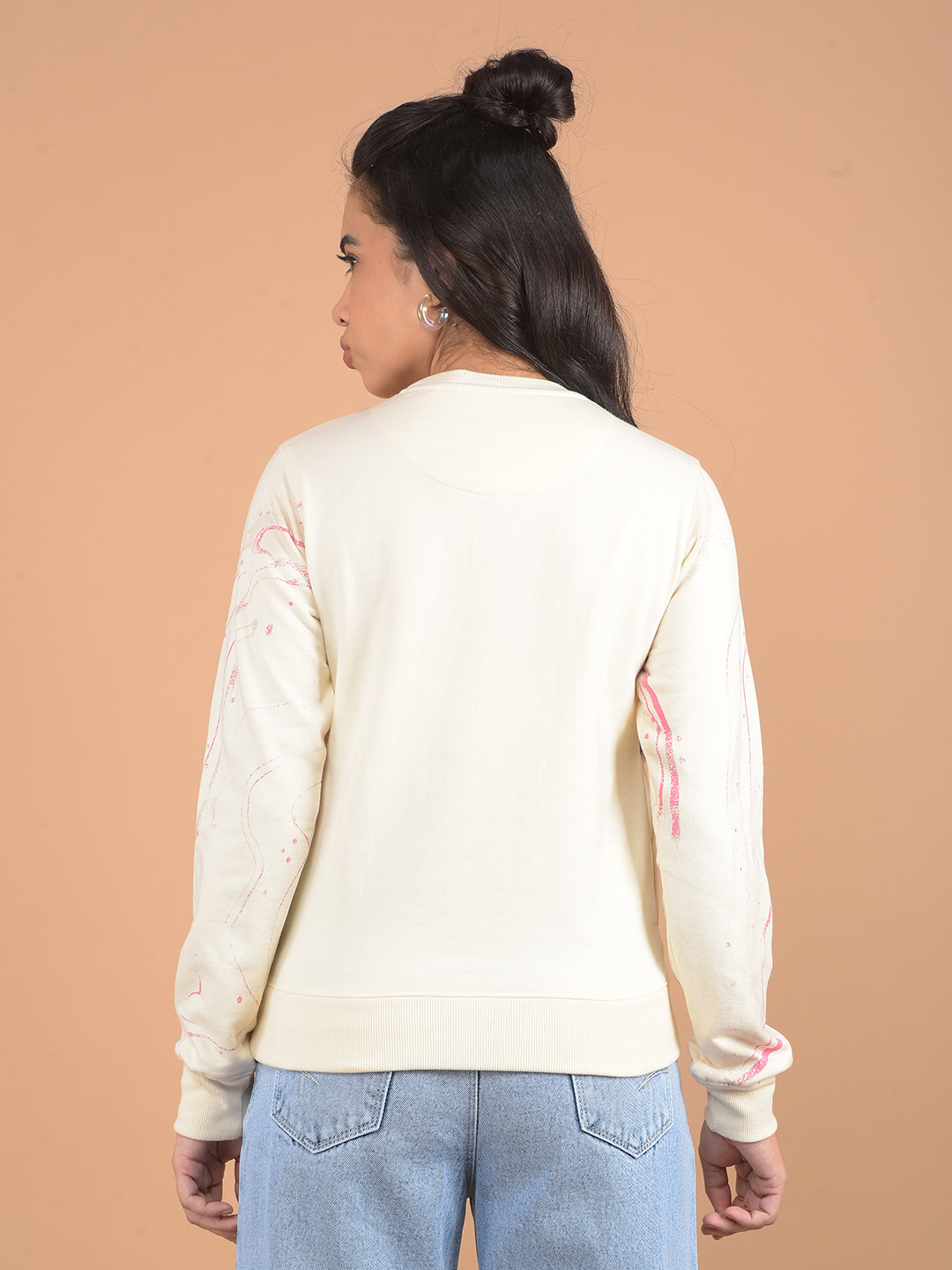 Cream Printed Sweatshirt-Women Sweatshirts-Crimsoune Club
