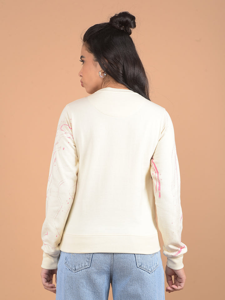 Cream Printed Sweatshirt-Women Sweatshirts-Crimsoune Club