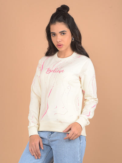 Cream Printed Sweatshirt-Women Sweatshirts-Crimsoune Club