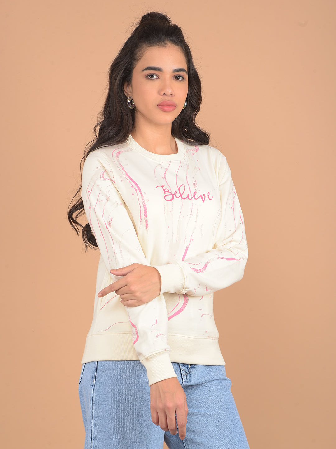 Cream Printed Sweatshirt-Women Sweatshirts-Crimsoune Club