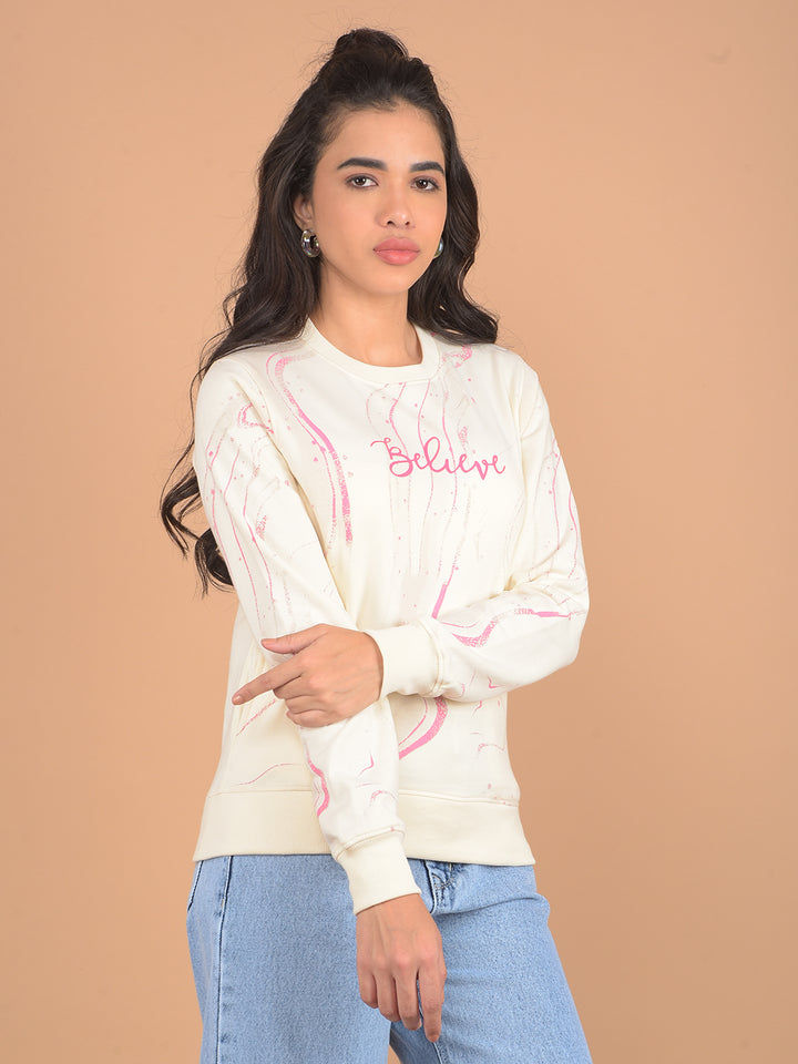 Cream Printed Sweatshirt-Women Sweatshirts-Crimsoune Club