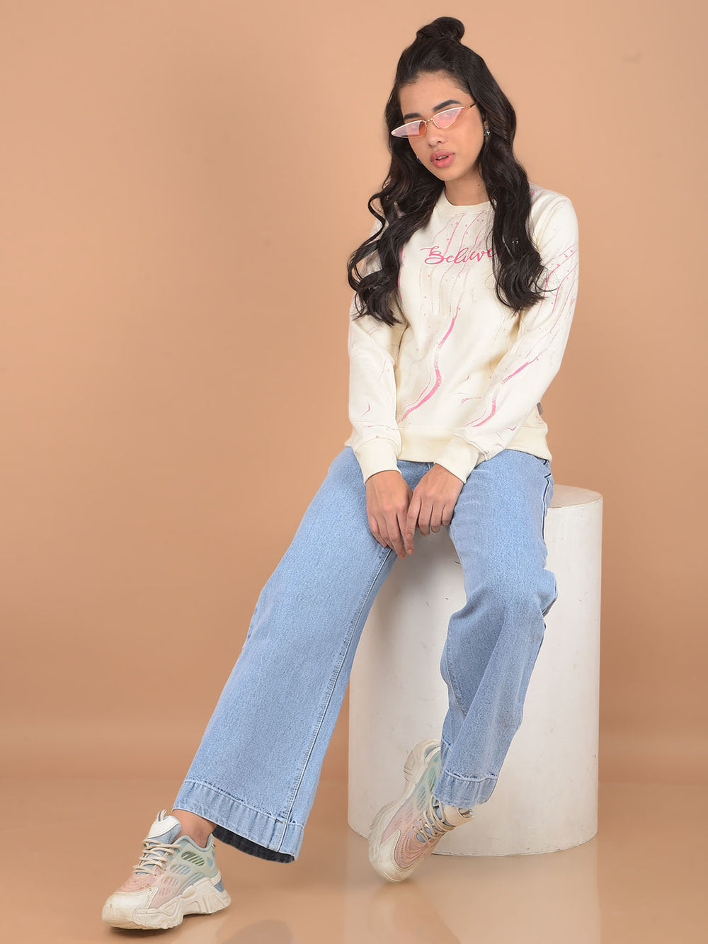 Cream Printed Sweatshirt-Women Sweatshirts-Crimsoune Club