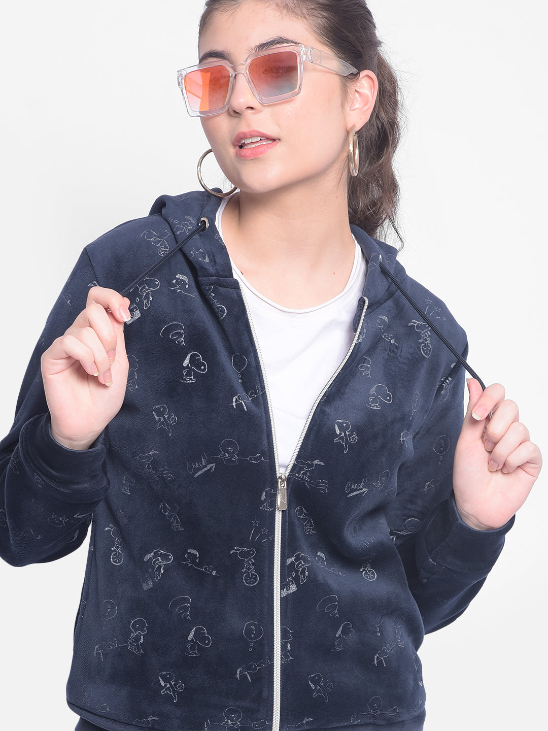 Navy Blue Printed Sweatshirt With Hood-Women Sweatshirts-Crimsoune Club