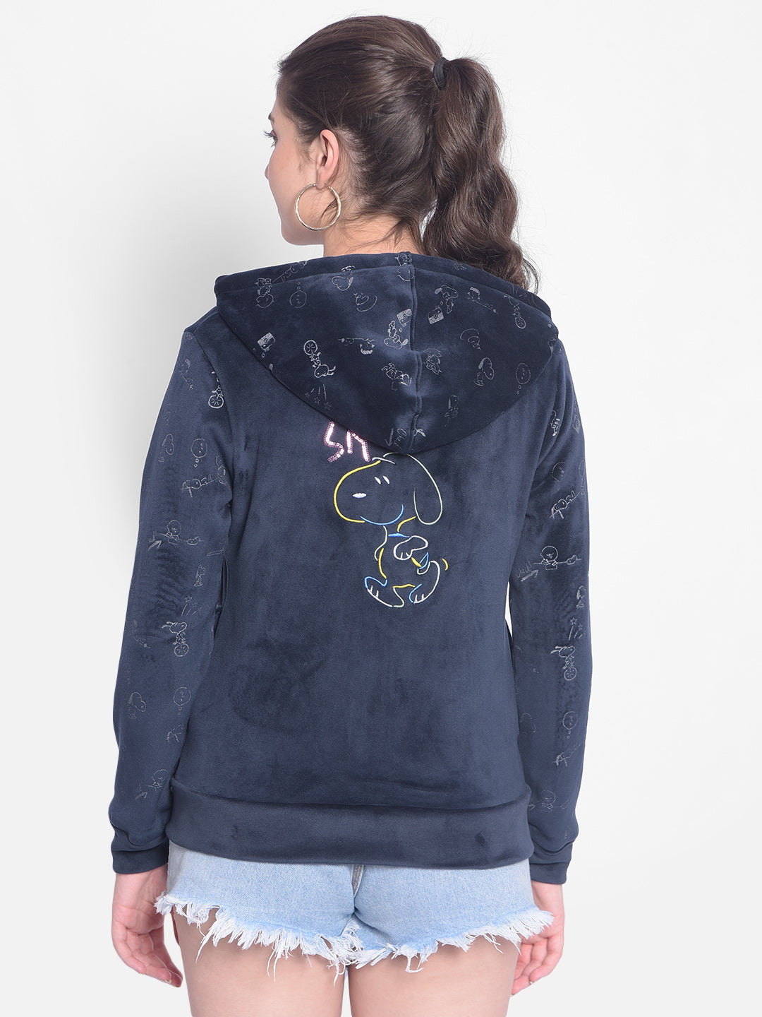 Navy Blue Printed Sweatshirt With Hood-Women Sweatshirts-Crimsoune Club