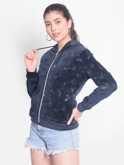 Navy Blue Printed Sweatshirt With Hood-Women Sweatshirts-Crimsoune Club