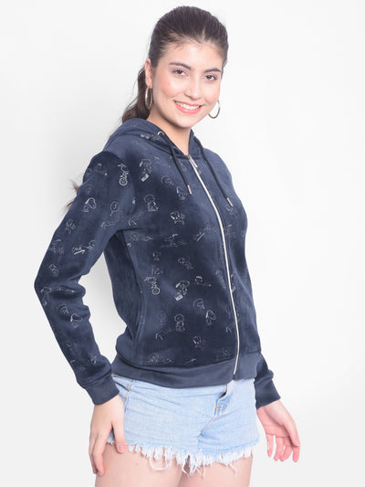 Navy Blue Printed Sweatshirt With Hood-Women Sweatshirts-Crimsoune Club