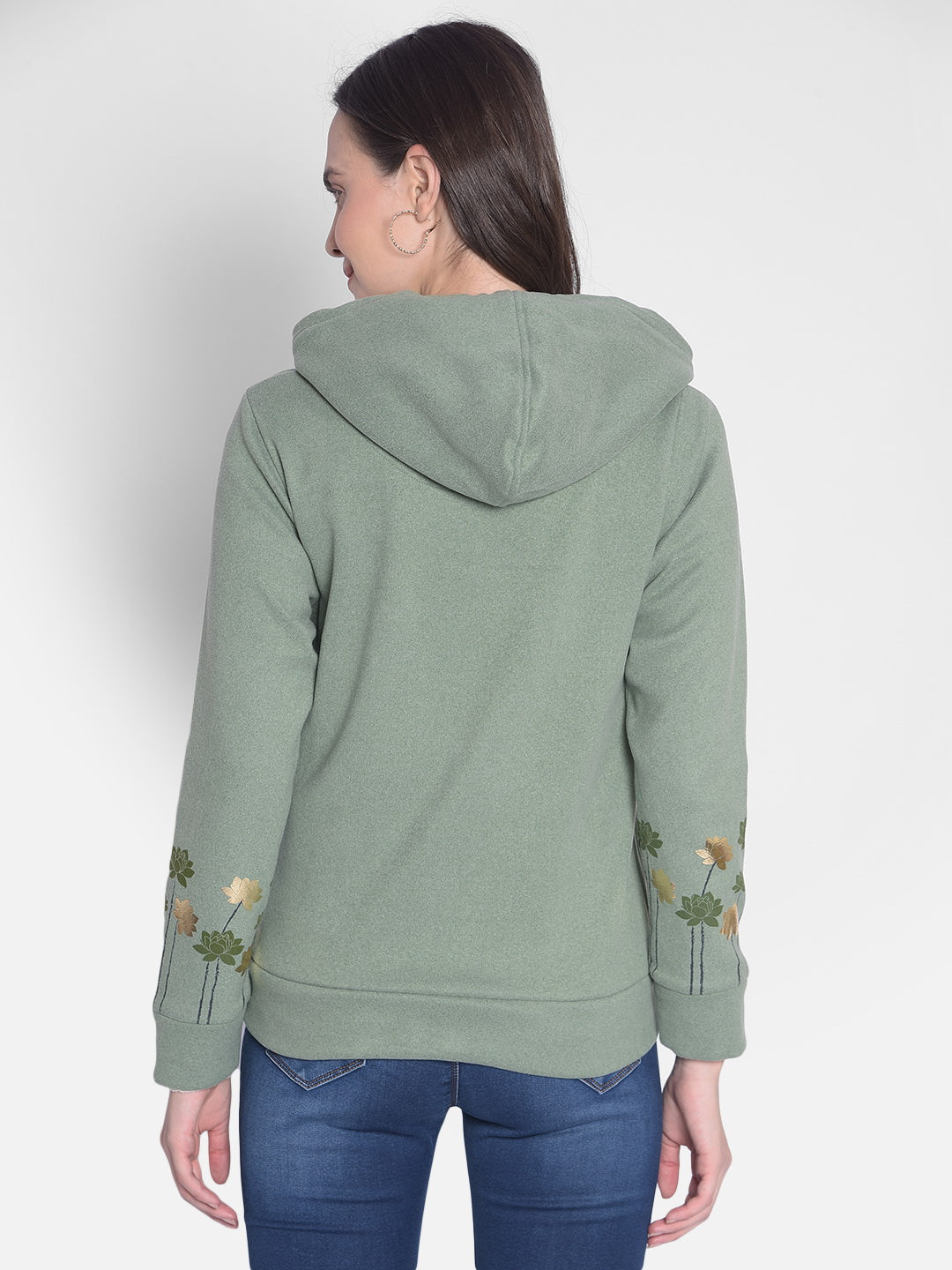 Green Hooded Front-Open Sweatshirt-Women Sweatshirts-Crimsoune Club