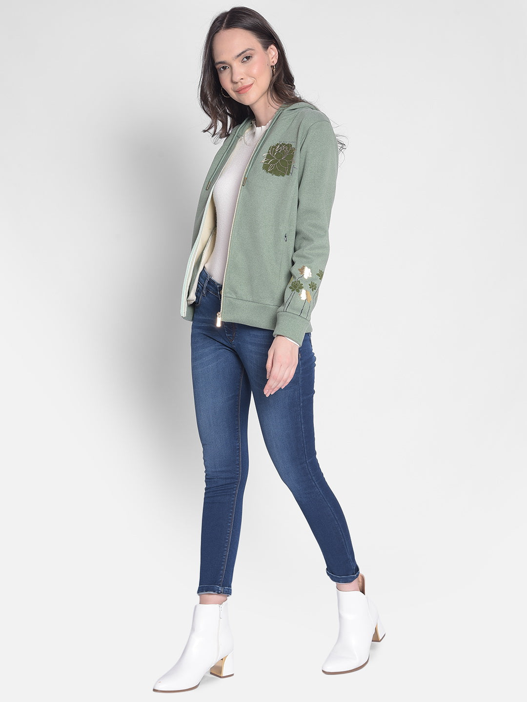 Green Hooded Front-Open Sweatshirt-Women Sweatshirts-Crimsoune Club