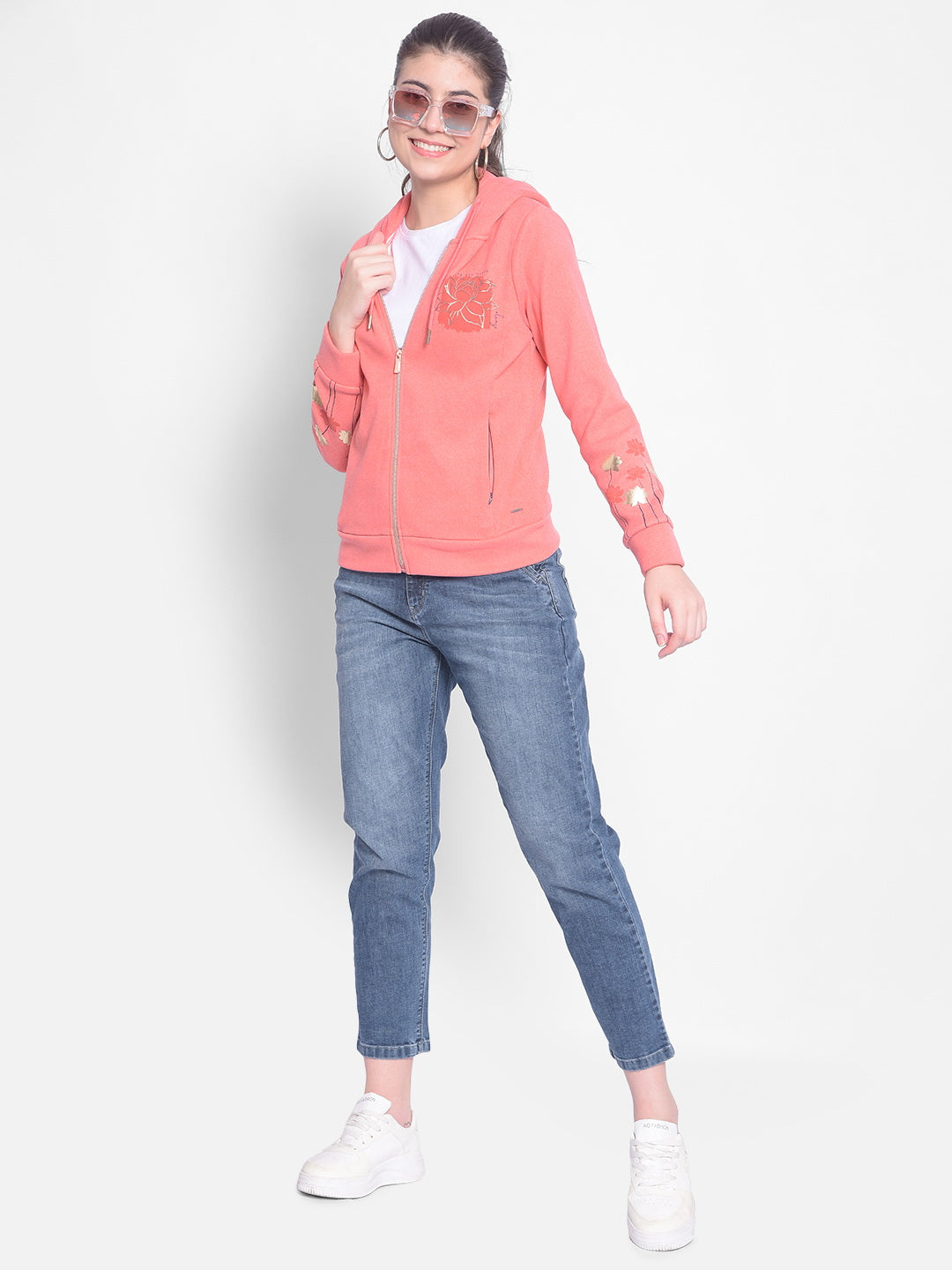 Pink Printed Sweatshirt With Hood-Women Sweatshirts-Crimsoune Club