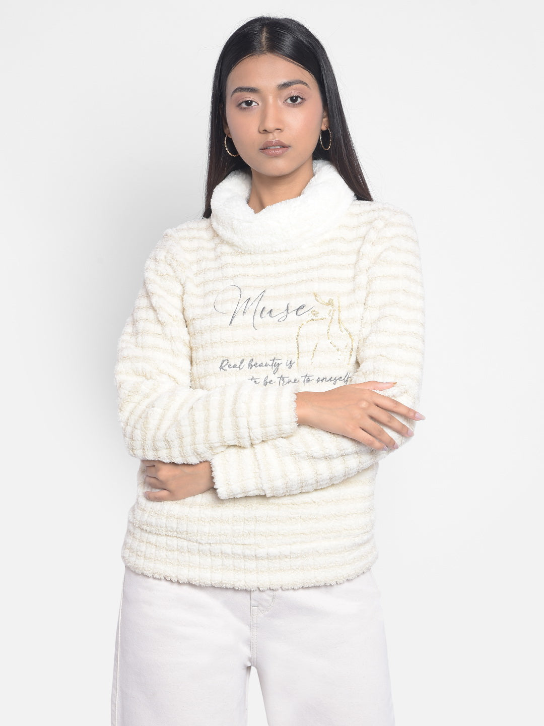 White Printed High Neck SweatShirts-Women SweatShirtss-Crimsoune Club