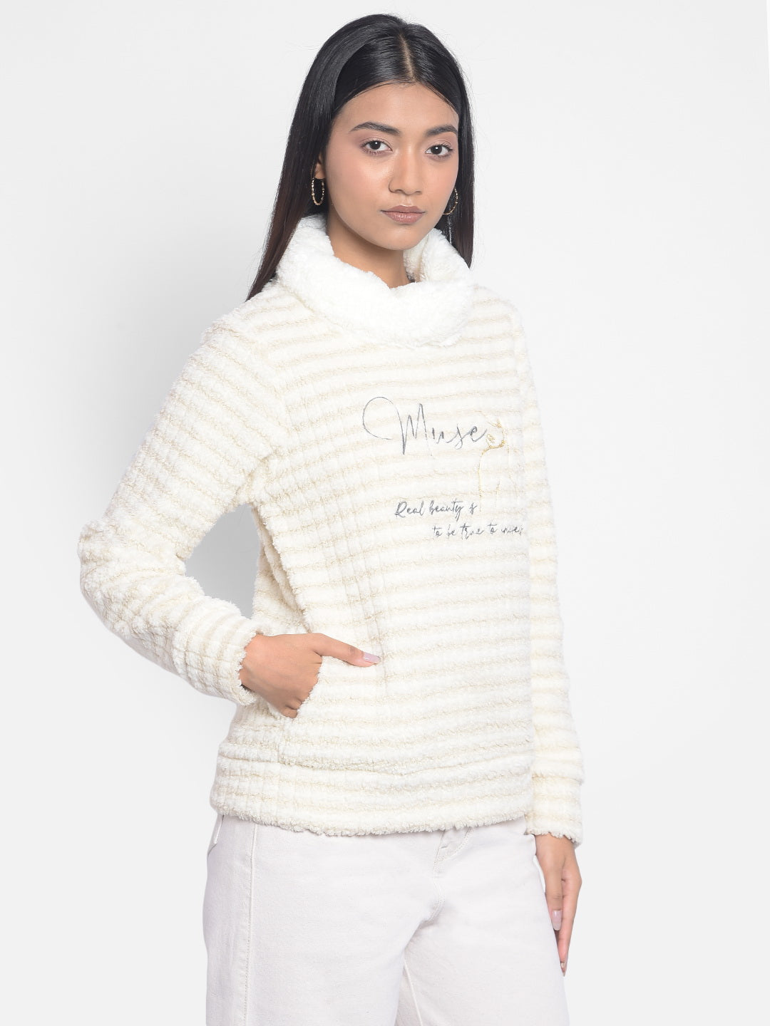 White Printed High Neck SweatShirts-Women SweatShirtss-Crimsoune Club