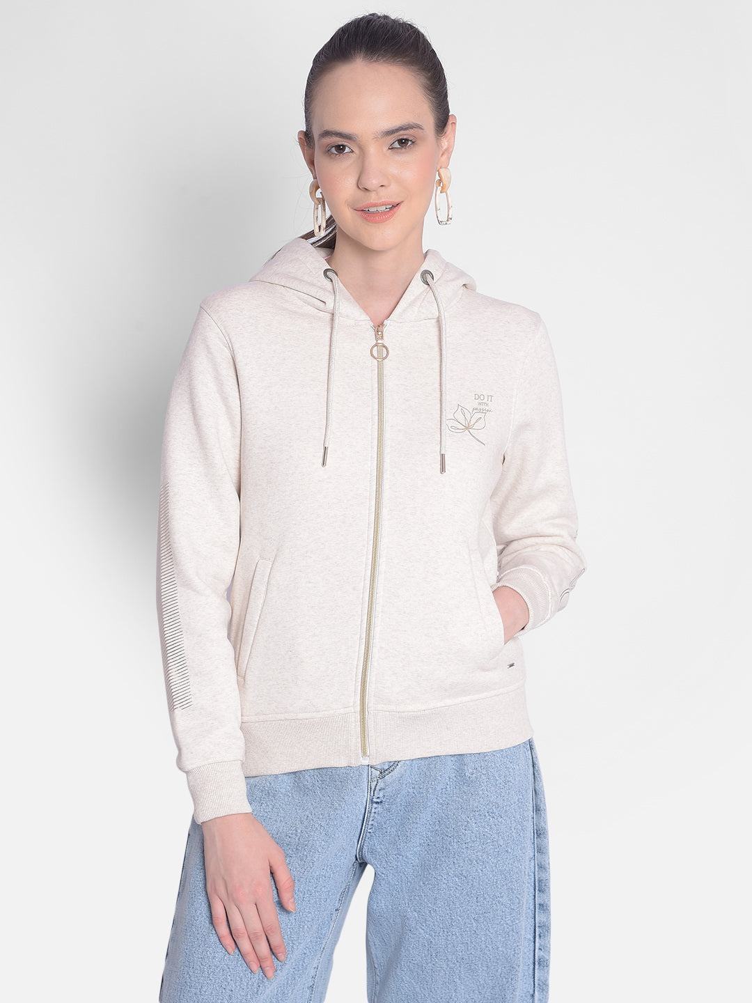Off White Hooded Front-Open Sweatshirt-Women Sweatshirts-Crimsoune Club