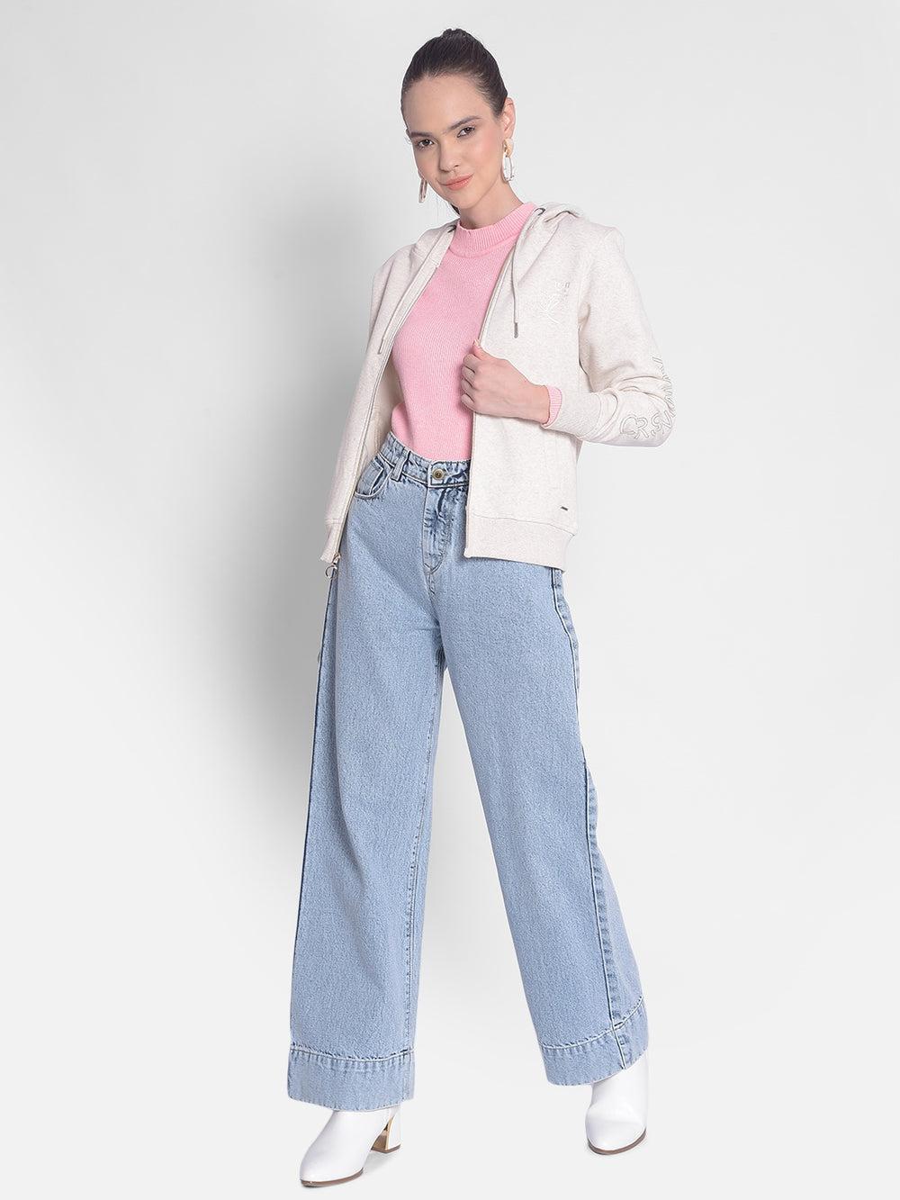 Off White Hooded Front-Open Sweatshirt-Women Sweatshirts-Crimsoune Club