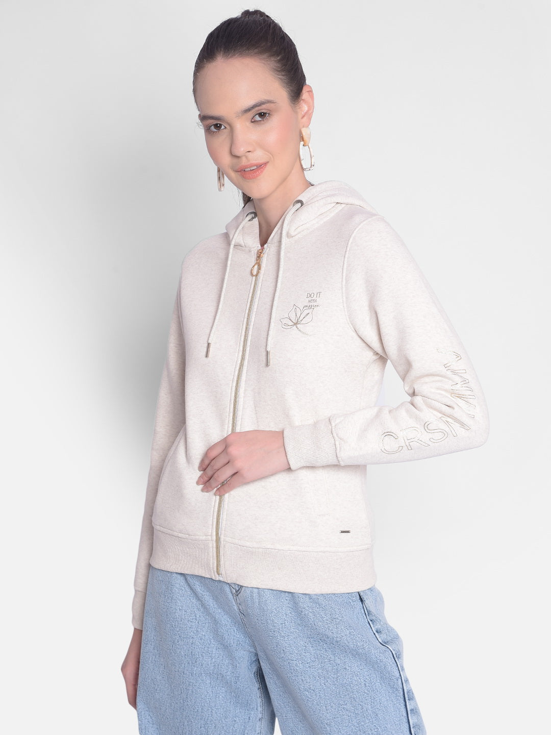 Off White Hooded Front-Open Sweatshirt-Women Sweatshirts-Crimsoune Club