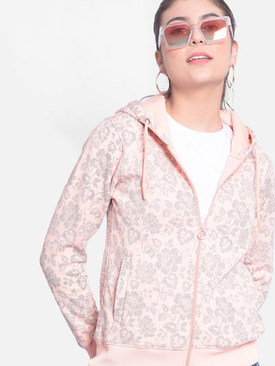 Peach Printed Sweatshirt With Hood-Women Sweatshirts-Crimsoune Club