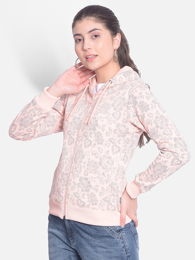 Peach Printed Sweatshirt With Hood-Women Sweatshirts-Crimsoune Club