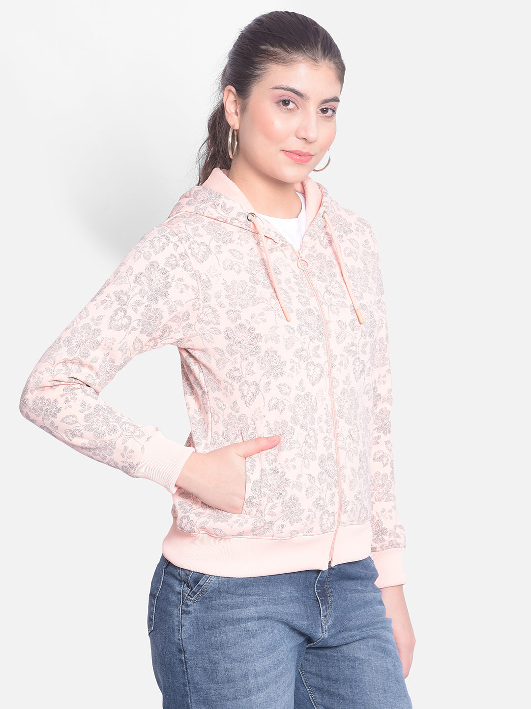 Peach Printed Sweatshirt With Hood-Women Sweatshirts-Crimsoune Club