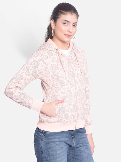 Peach Printed Sweatshirt With Hood-Women Sweatshirts-Crimsoune Club