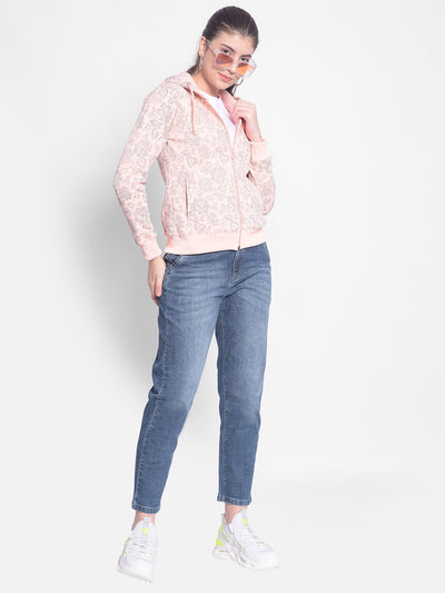Peach Printed Sweatshirt With Hood-Women Sweatshirts-Crimsoune Club