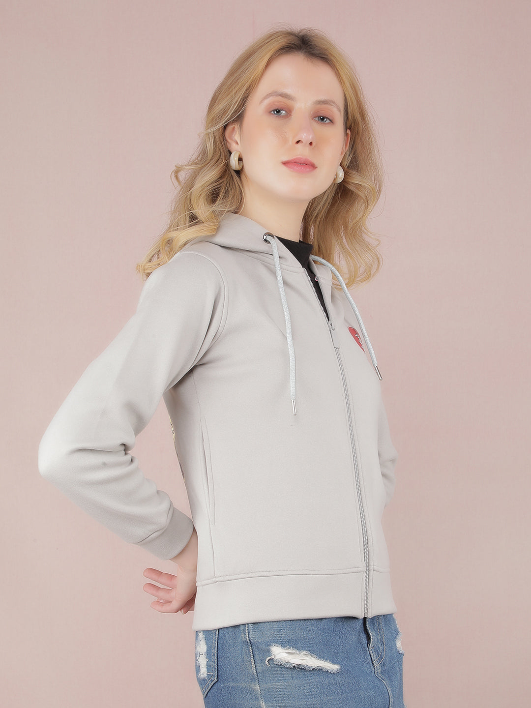 Grey Graphic Print Hooded Neck Sweatshirt-Women Sweatshirts-Crimsoune Club