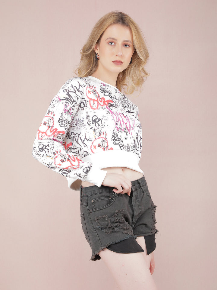 Off White Graphic Print Crop Length Sweatshirt-Women Sweatshirts-Crimsoune Club