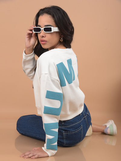 White Typographic Printed Crop Length Sweatshirt-Women Sweatshirts-Crimsoune Club
