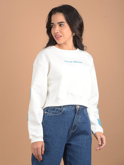 White Typographic Printed Crop Length Sweatshirt-Women Sweatshirts-Crimsoune Club