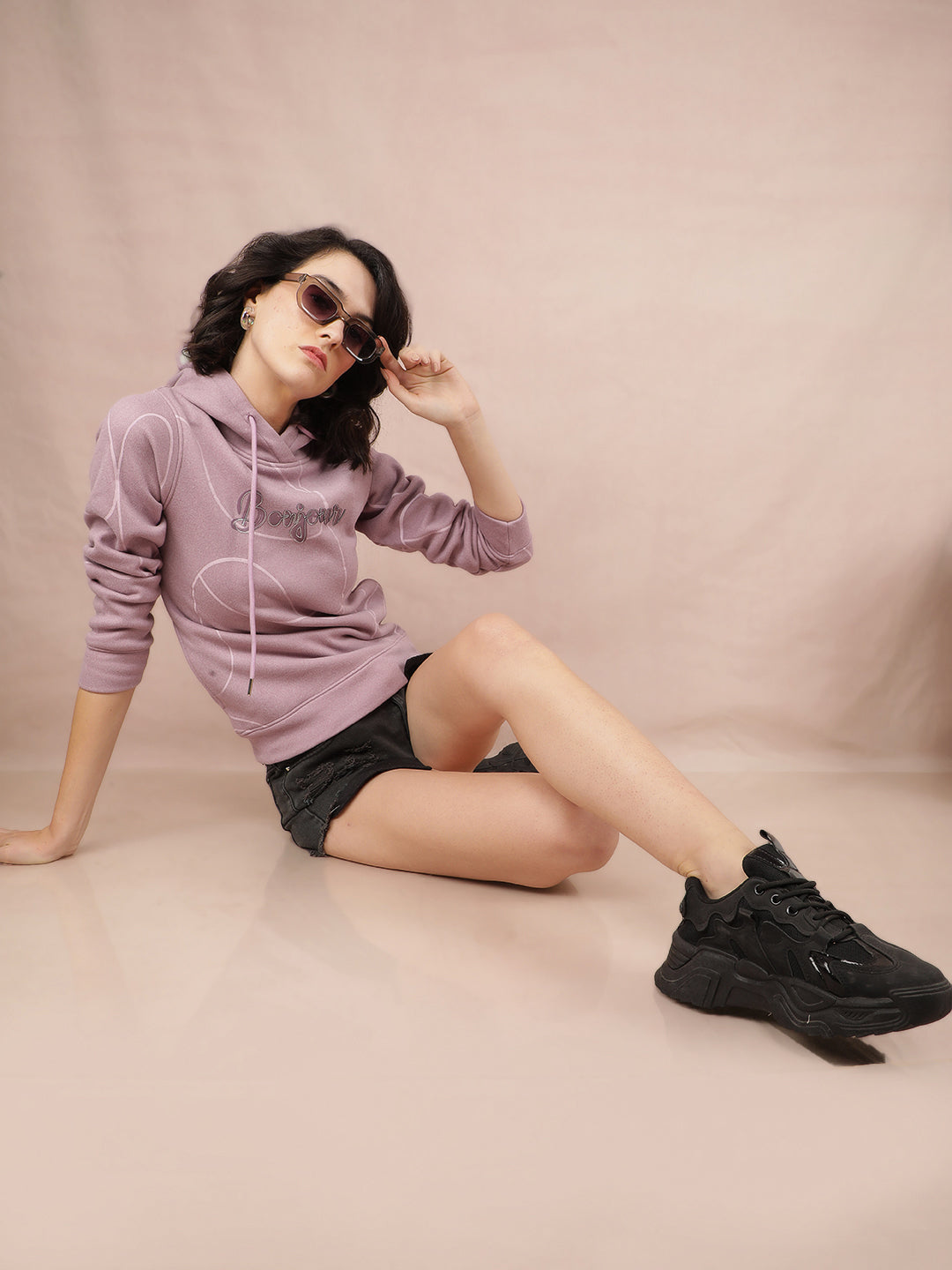 Purple Typographic Print Hooded Neck Sweatshirt-Women Sweatshirts-Crimsoune Club
