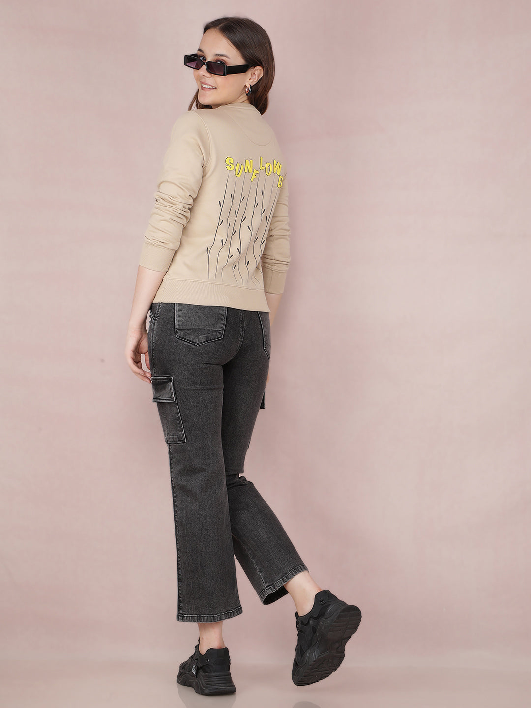 Beige Typographic Print Sweatshirt-Women Sweatshirts-Crimsoune Club