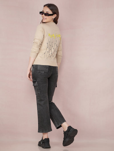 Beige Typographic Print Sweatshirt-Women Sweatshirts-Crimsoune Club