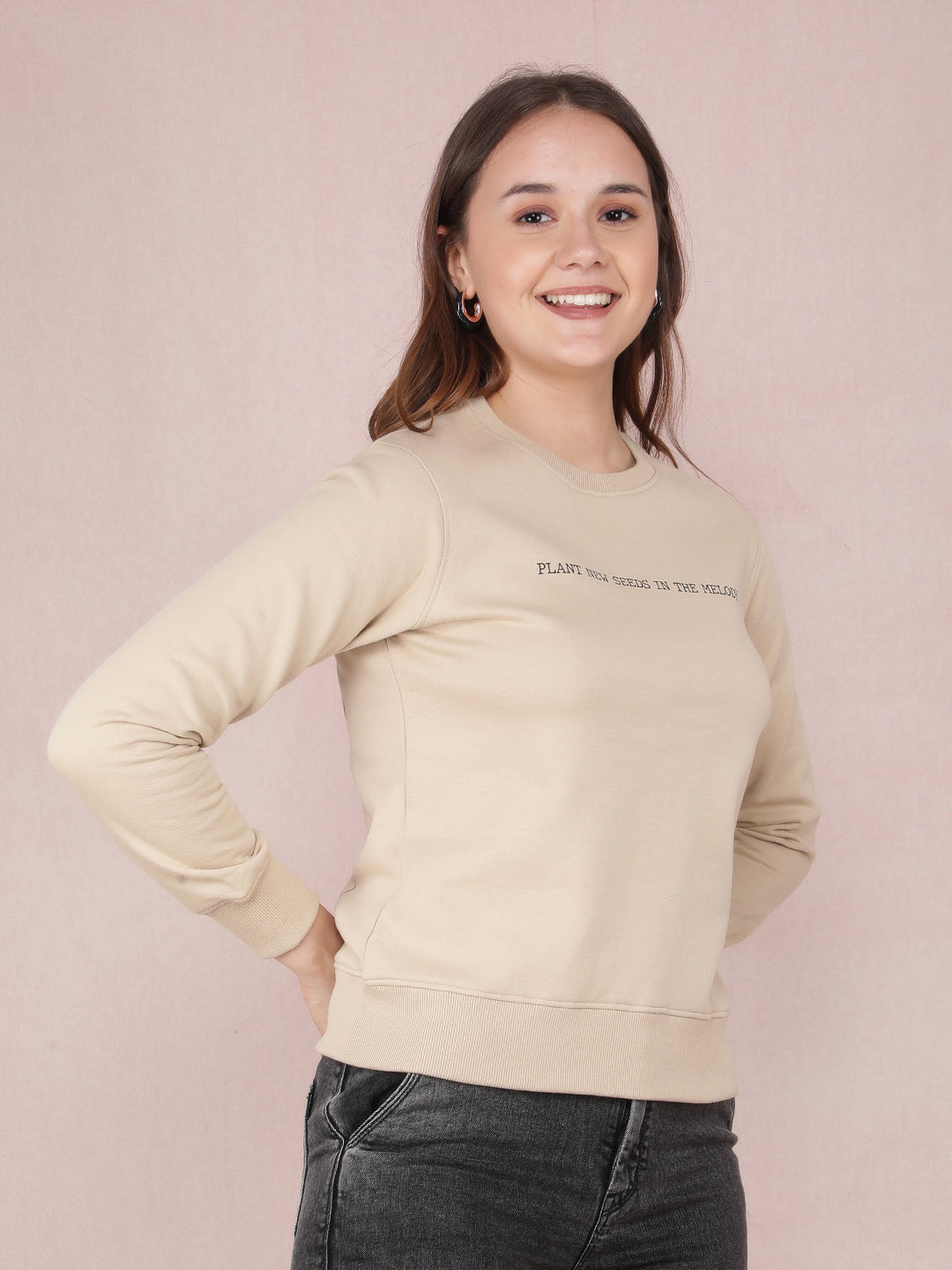 Beige Typographic Print Sweatshirt-Women Sweatshirts-Crimsoune Club