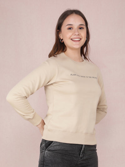 Beige Typographic Print Sweatshirt-Women Sweatshirts-Crimsoune Club