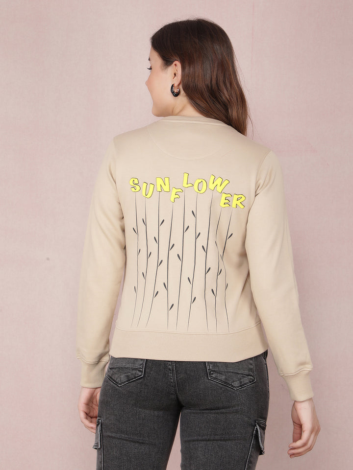 Beige Typographic Print Sweatshirt-Women Sweatshirts-Crimsoune Club
