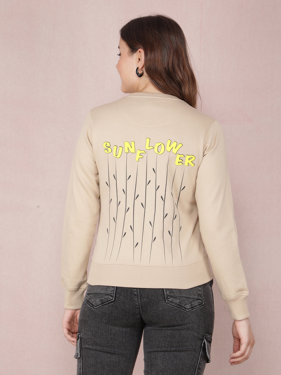 Beige Typographic Print Sweatshirt-Women Sweatshirts-Crimsoune Club