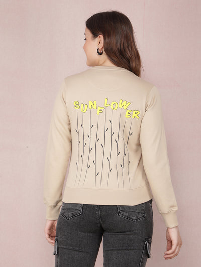 Beige Typographic Print Sweatshirt-Women Sweatshirts-Crimsoune Club